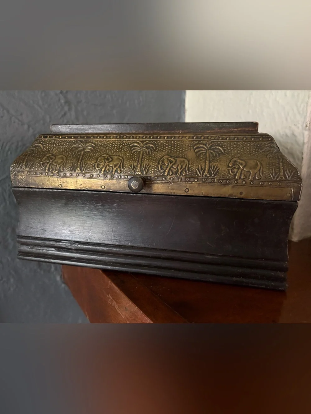 Vintage Style Wooden & Embossed Brass Elephant Trinket Jewelry Box - India